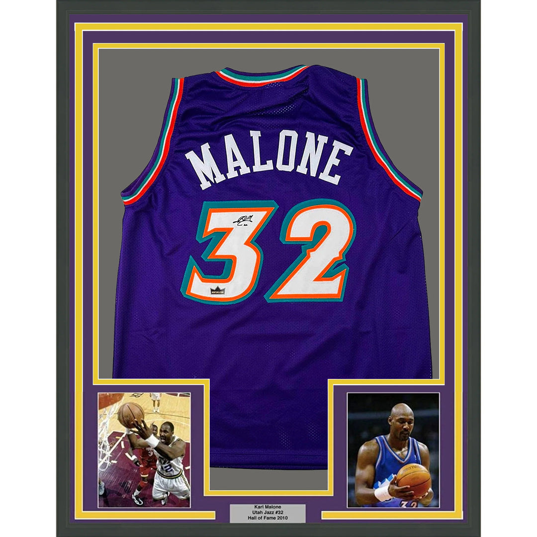 Framed Facsimile Autographed Karl Malone 33x42 Jazz Reprint Laser Auto Jersey