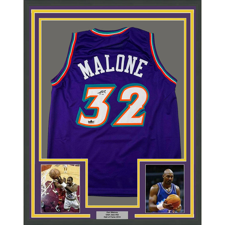 Framed Facsimile Autographed Karl Malone 33x42 Jazz Reprint Laser Auto Jersey