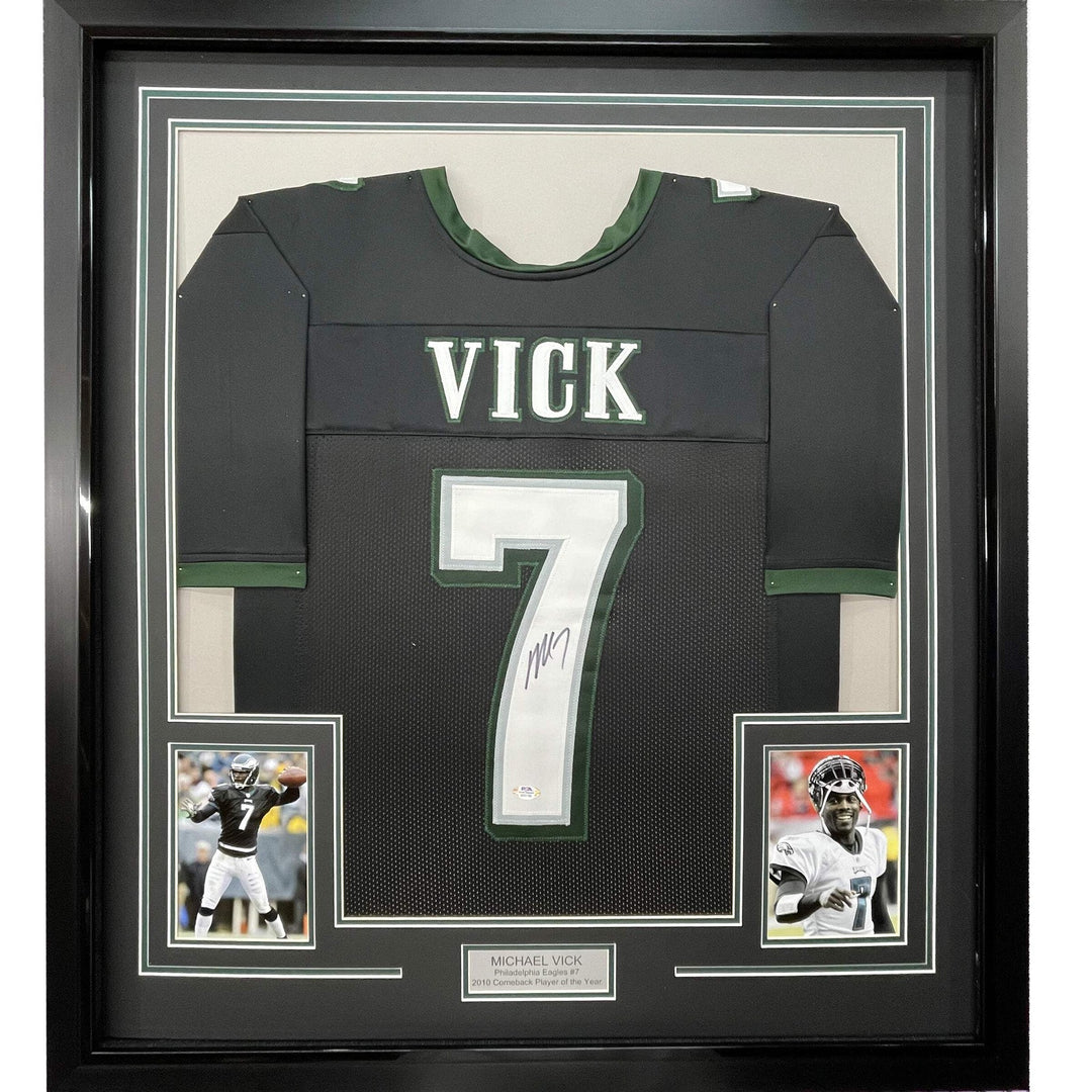 FRAMED Autographed/Signed MICHAEL VICK 33x42 Philadelphia Black Jersey PSA COA