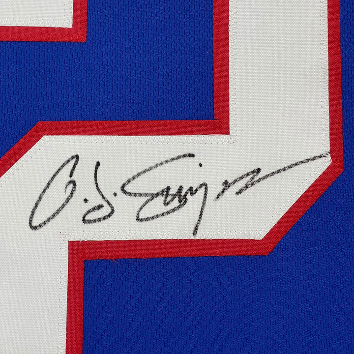 FRAMED Autographed/Signed OJ O.J. SIMPSON 33x42 Buffalo Blue Jersey JSA COA Auto