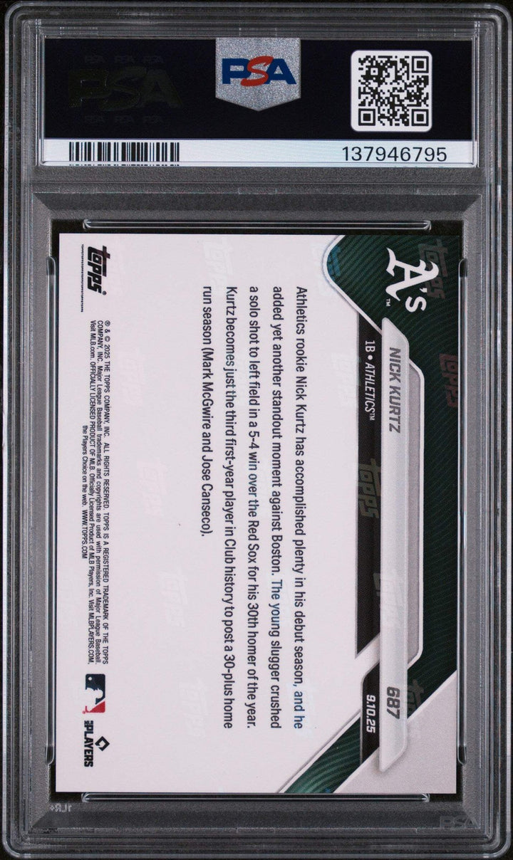 Graded 2025 Topps Now Nick Kurtz #687 Rookie RC Baseball Card PSA 10 Gem Mint
