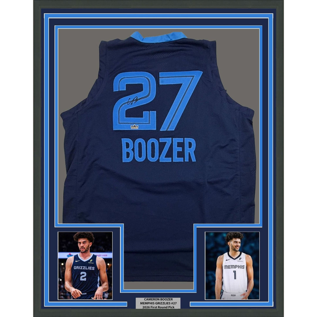 Framed Facsimile Autographed Cameron Boozer 35x39 Memphis Navy Blue Jersey