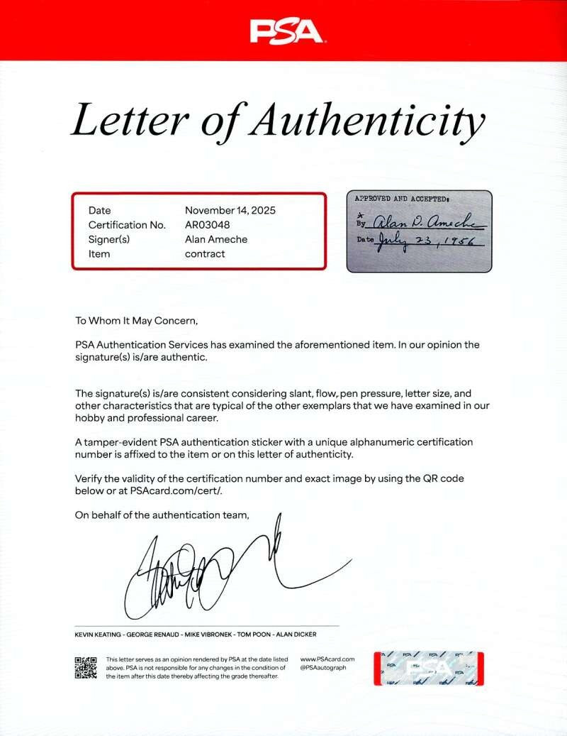 Alan Ameche PSA DNA LOA Autograph 1956 Contract Signed