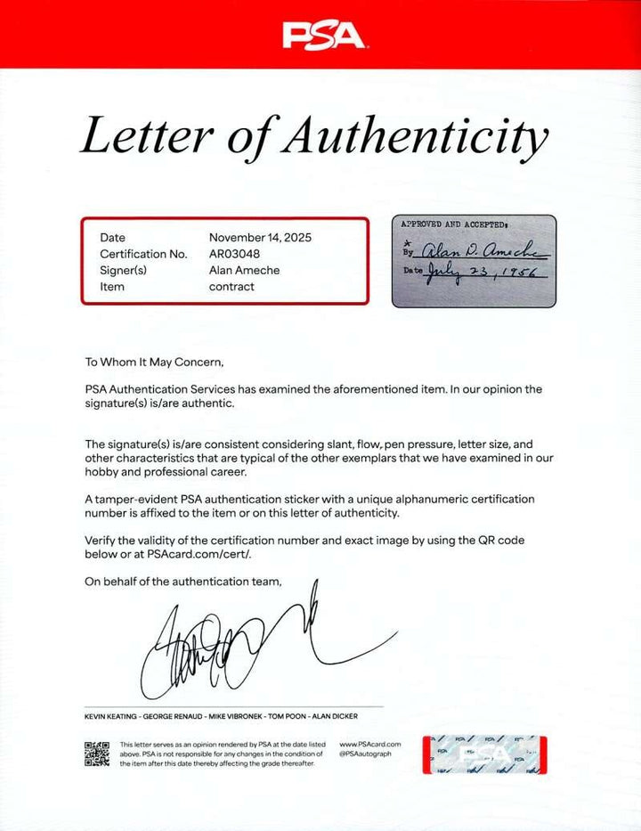 Alan Ameche PSA DNA LOA Autograph 1956 Contract Signed