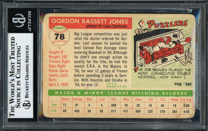 Gordon Jones Signed 1955 Topps Rookie Card #78 St. Louis Cardinals Beckett