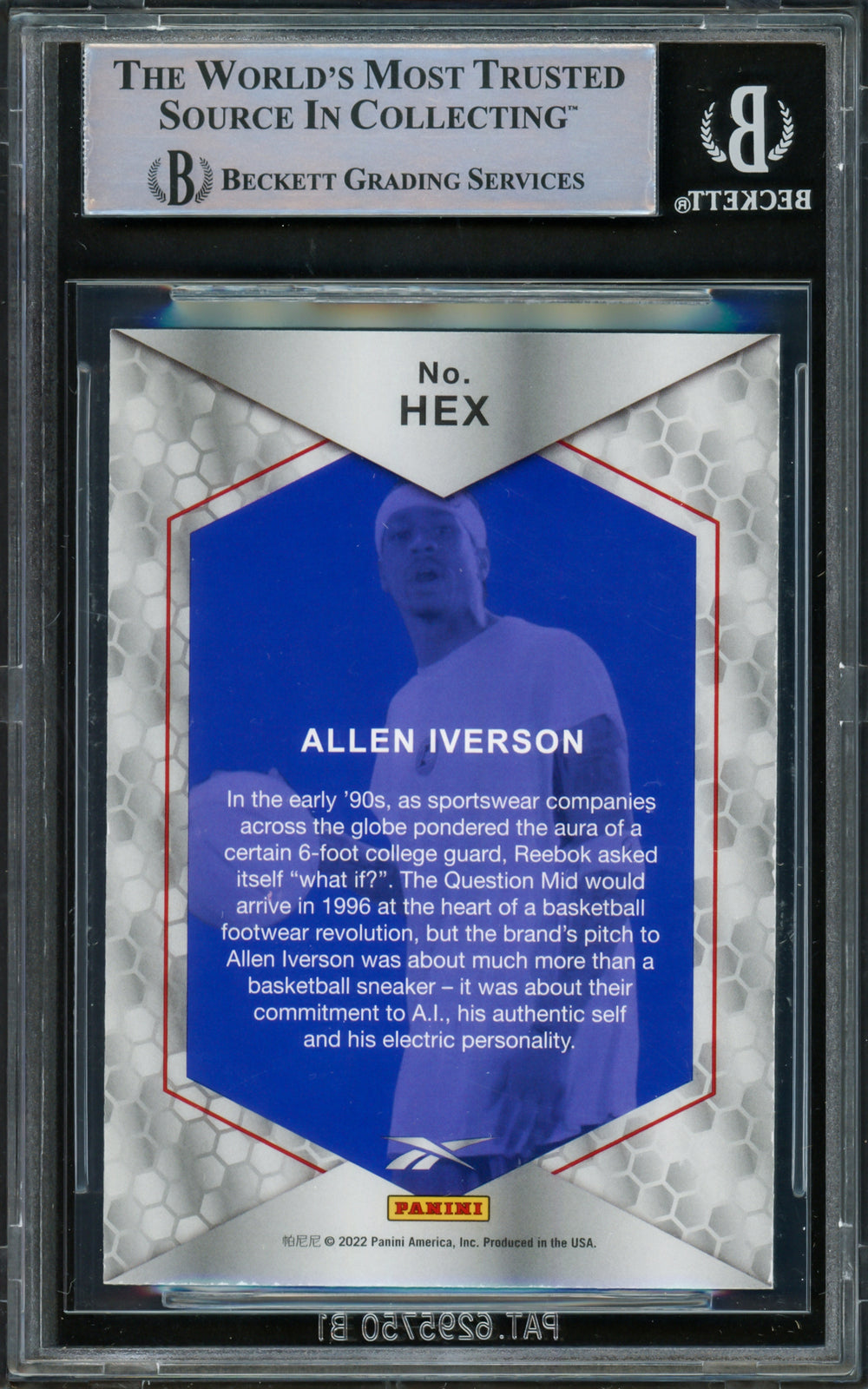 Allen Iverson Signed 2022 Panini Reebok AI Card HEX 76ers Beckett Wit 16562852