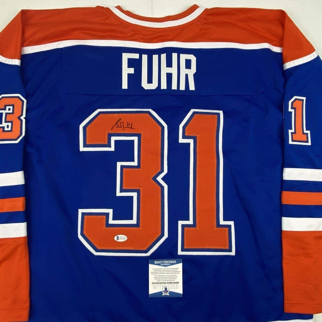 Autographed/Signed GRANT FUHR Edmonton Blue Jersey Beckett BAS COA Auto
