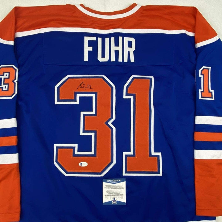 Autographed/Signed GRANT FUHR Edmonton Blue Jersey Beckett BAS COA Auto