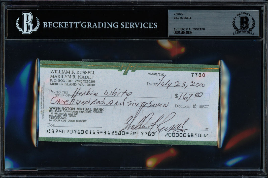 Bill Russell Autographed Signed 3x6 Check Boston Celtics Beckett BAS