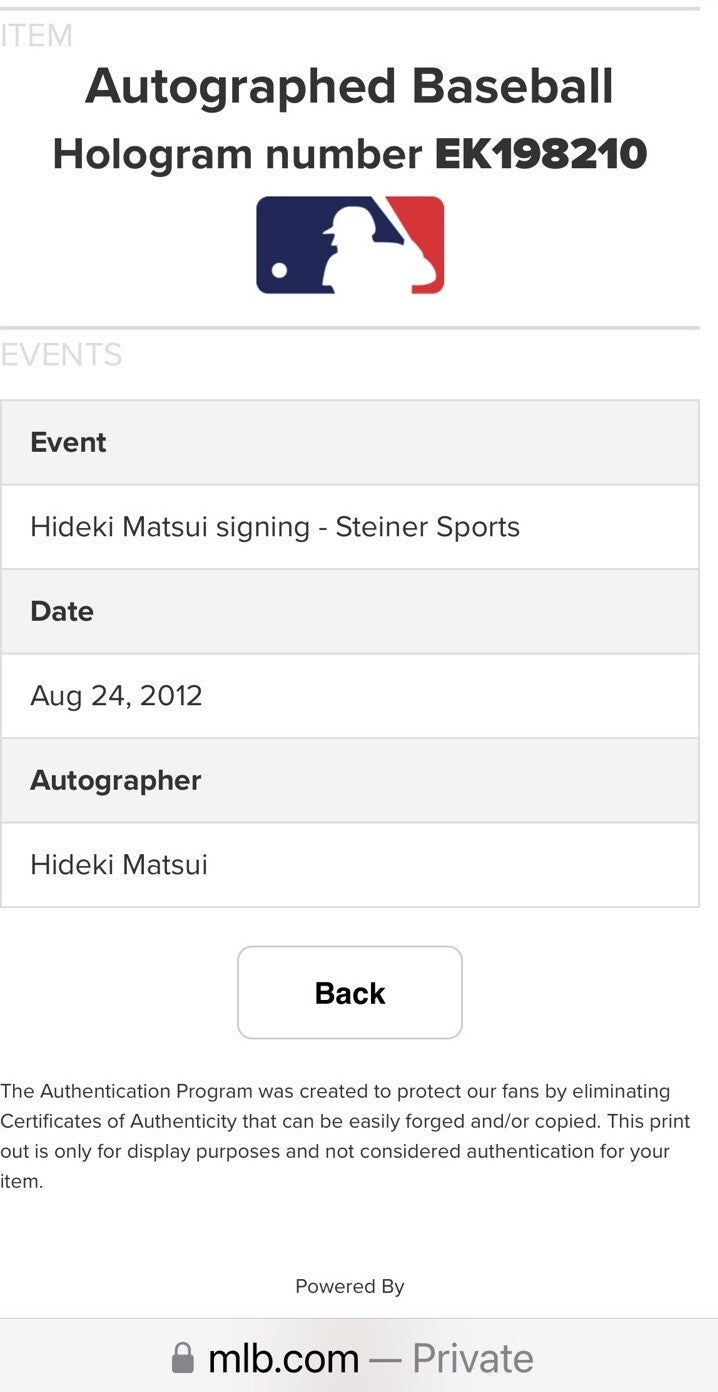 HIDEKI MATSUI Signed MLB BASEBALL YANKEES JAPANESE Autograph Steiner & Mlb Coa