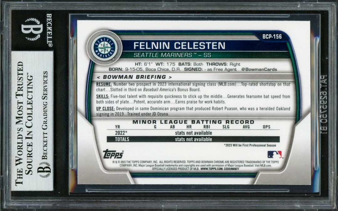 Felnin Celesten Signed 2023 1st Bowman Chrome RC BCP156 Seattle Mariners Beckett