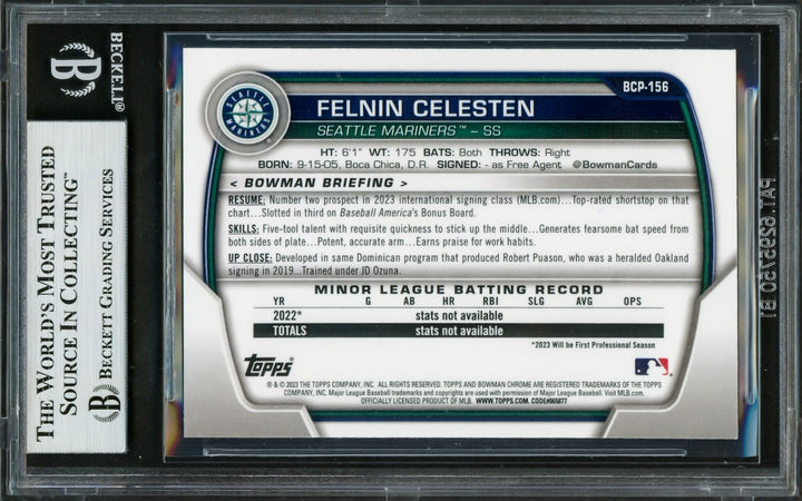 Felnin Celesten Signed 2023 1st Bowman Chrome RC BCP156 Seattle Mariners Beckett