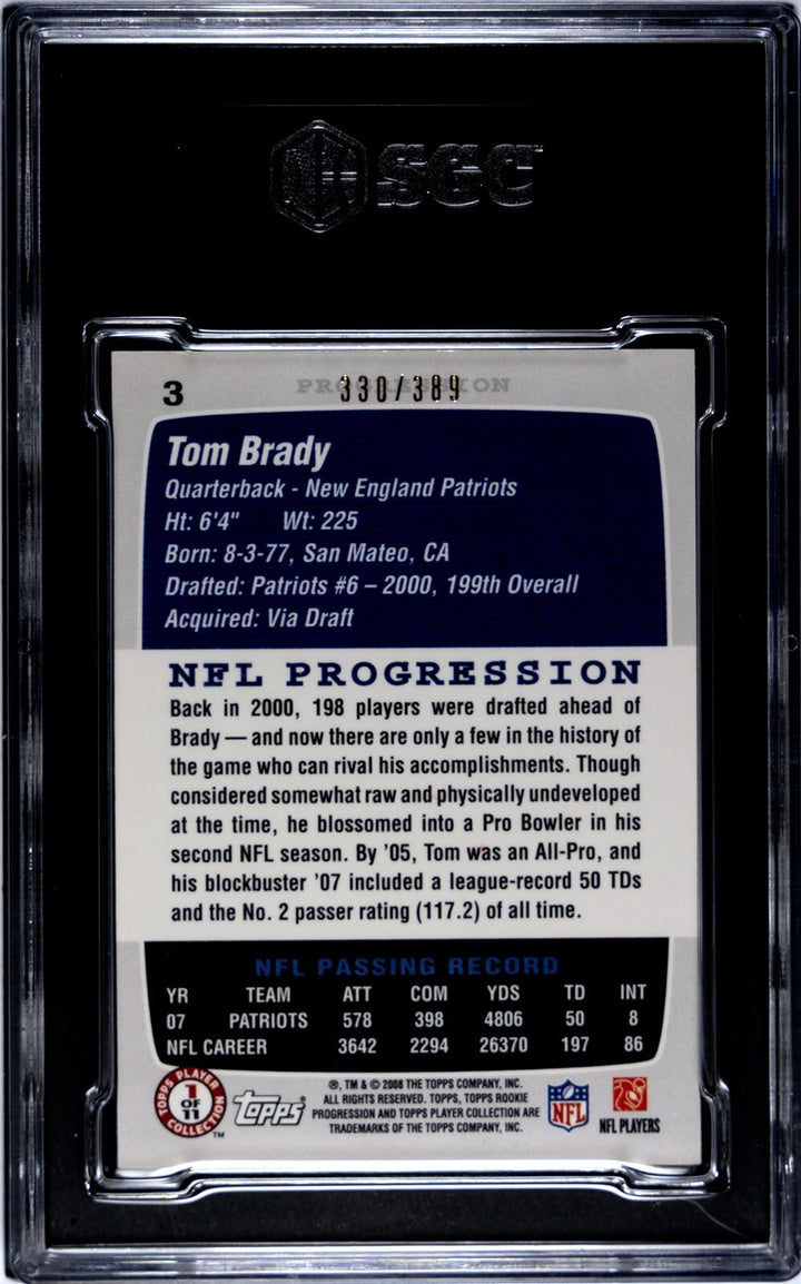 Tom Brady 2008 Topps Rookie Progression Bronze Card #3- /389- SGC Graded 8 NM-MT