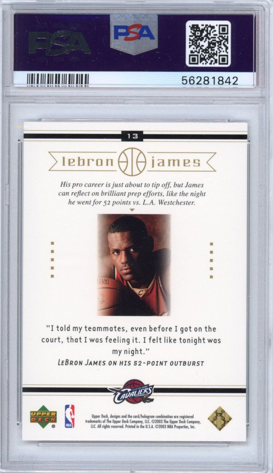 Graded 2003-04 Upper Deck LeBron James #13 Box Set Rookie Card PSA 10 Mint