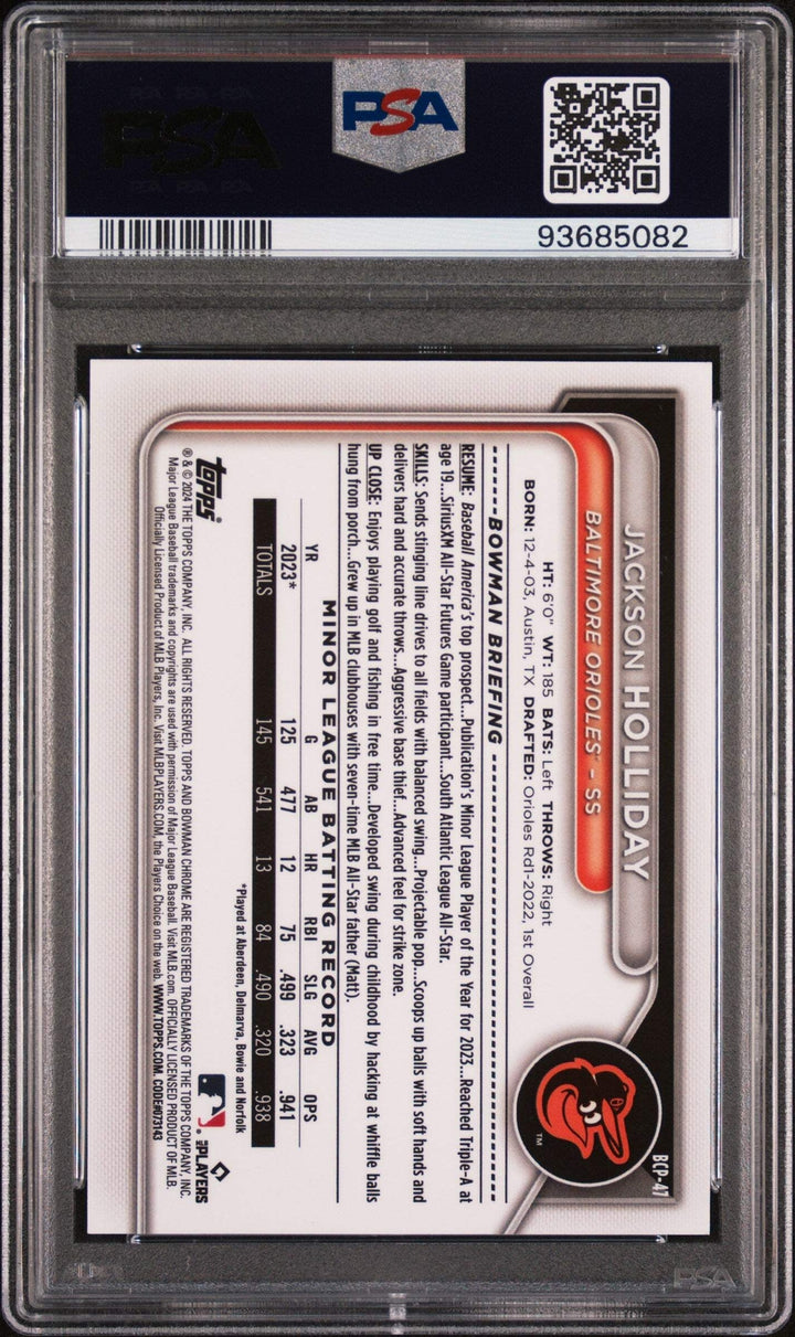 Graded 2024 Topps Bowman Jackson Holliday #BCP7 Speckle RC Baseball Card PSA 10