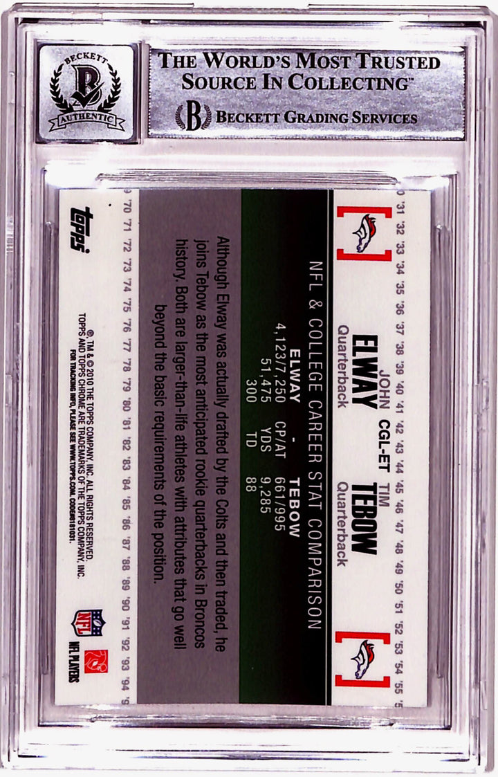 John Elway & Tim Tebow Signed 2010 Chrome Gridiron Trading Card BAS Slab 40768
