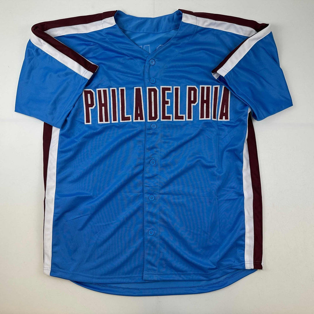 Autographed/Signed Trea Turner Philadelphia Blue Retro Jersey Beckett COA