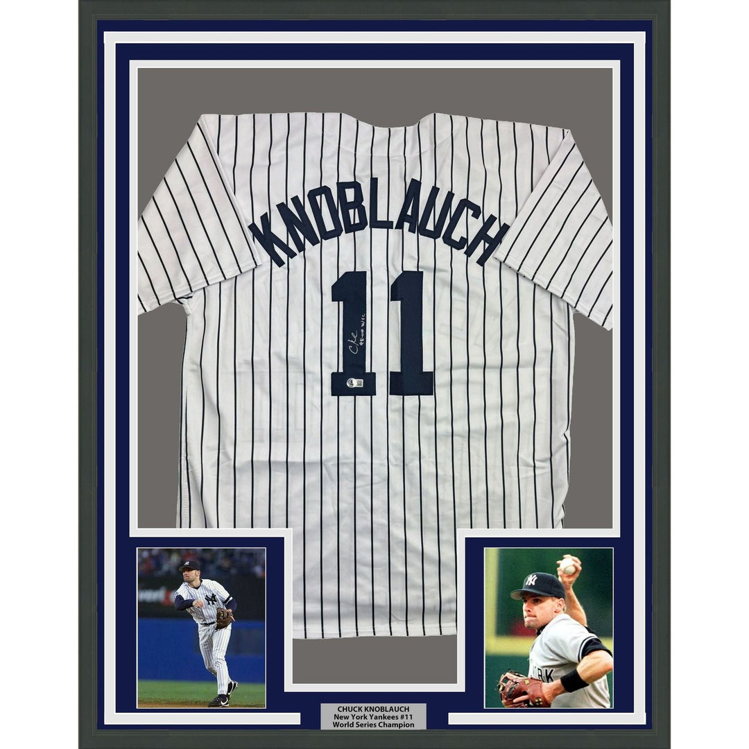 Framed Autographed/Signed Chuck Knoblauch 35x39 NY Pinstripe Jersey BAS COA