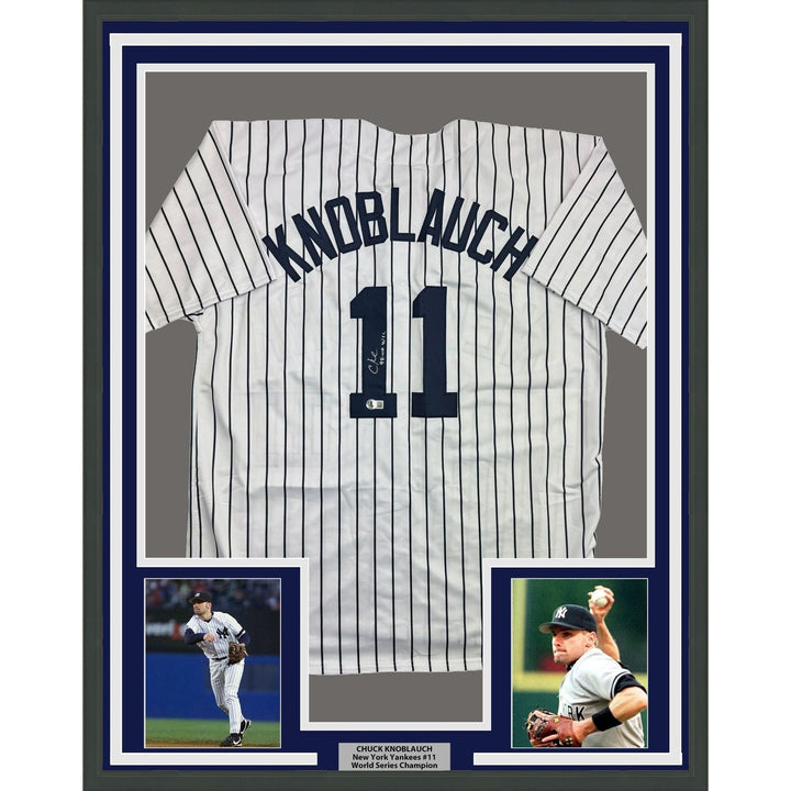 Framed Autographed/Signed Chuck Knoblauch 35x39 NY Pinstripe Jersey BAS COA