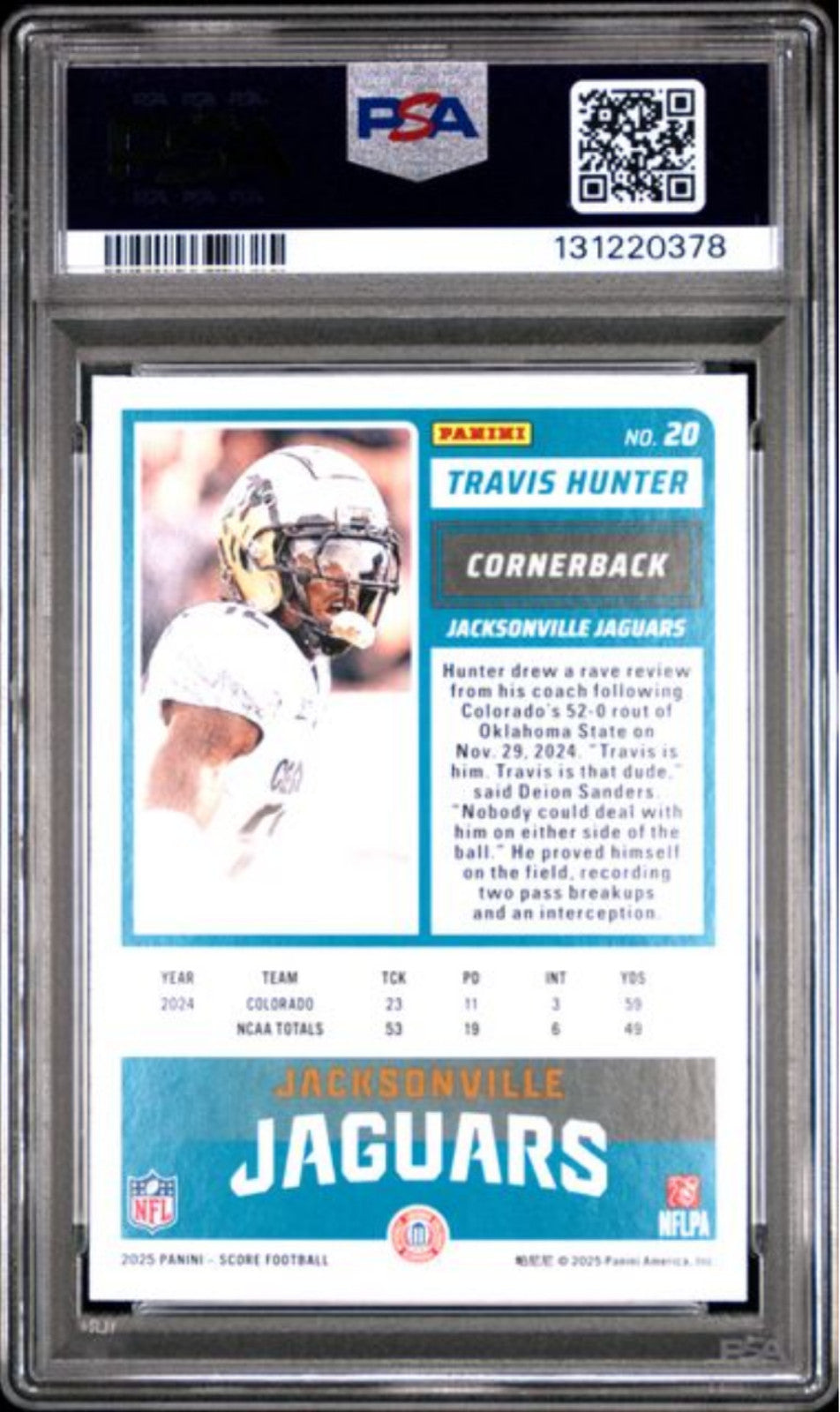 Graded 2025 Panini Score Travis Hunter #20 Rookie RC Football Card PSA 10 Mint