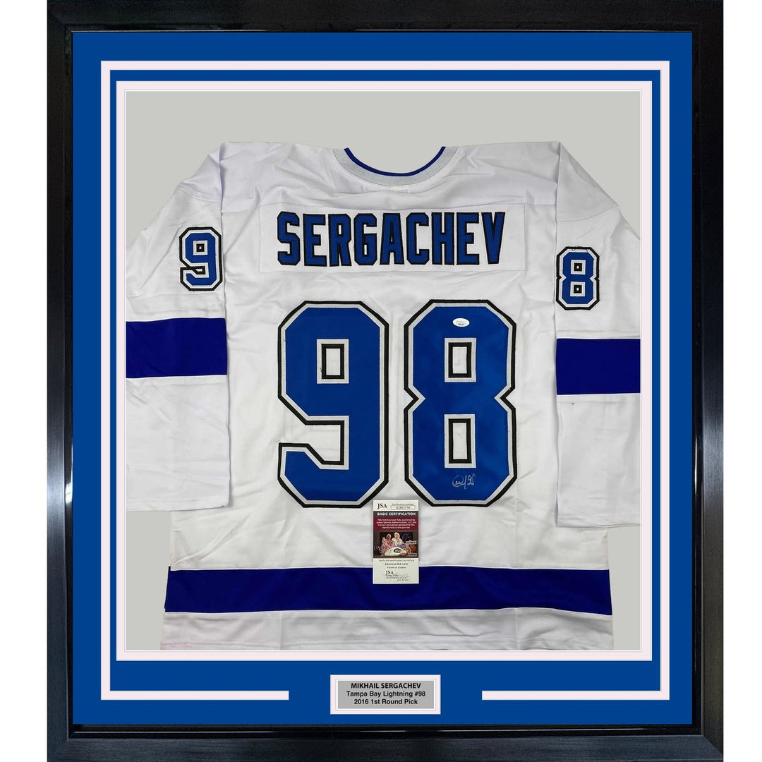 Framed Signed Mikhail Sergachev 35x39 Tampa Bay White Jersey JSA COA