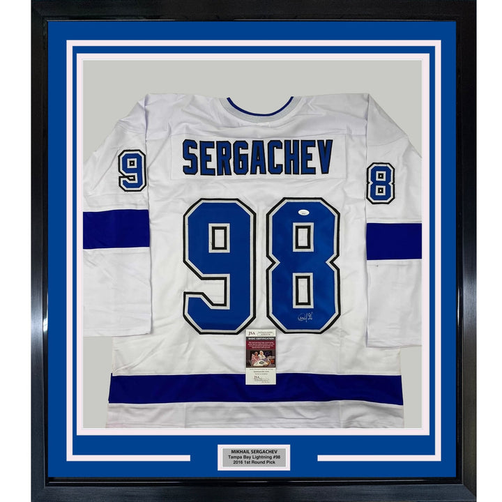 Framed Signed Mikhail Sergachev 35x39 Tampa Bay White Jersey JSA COA