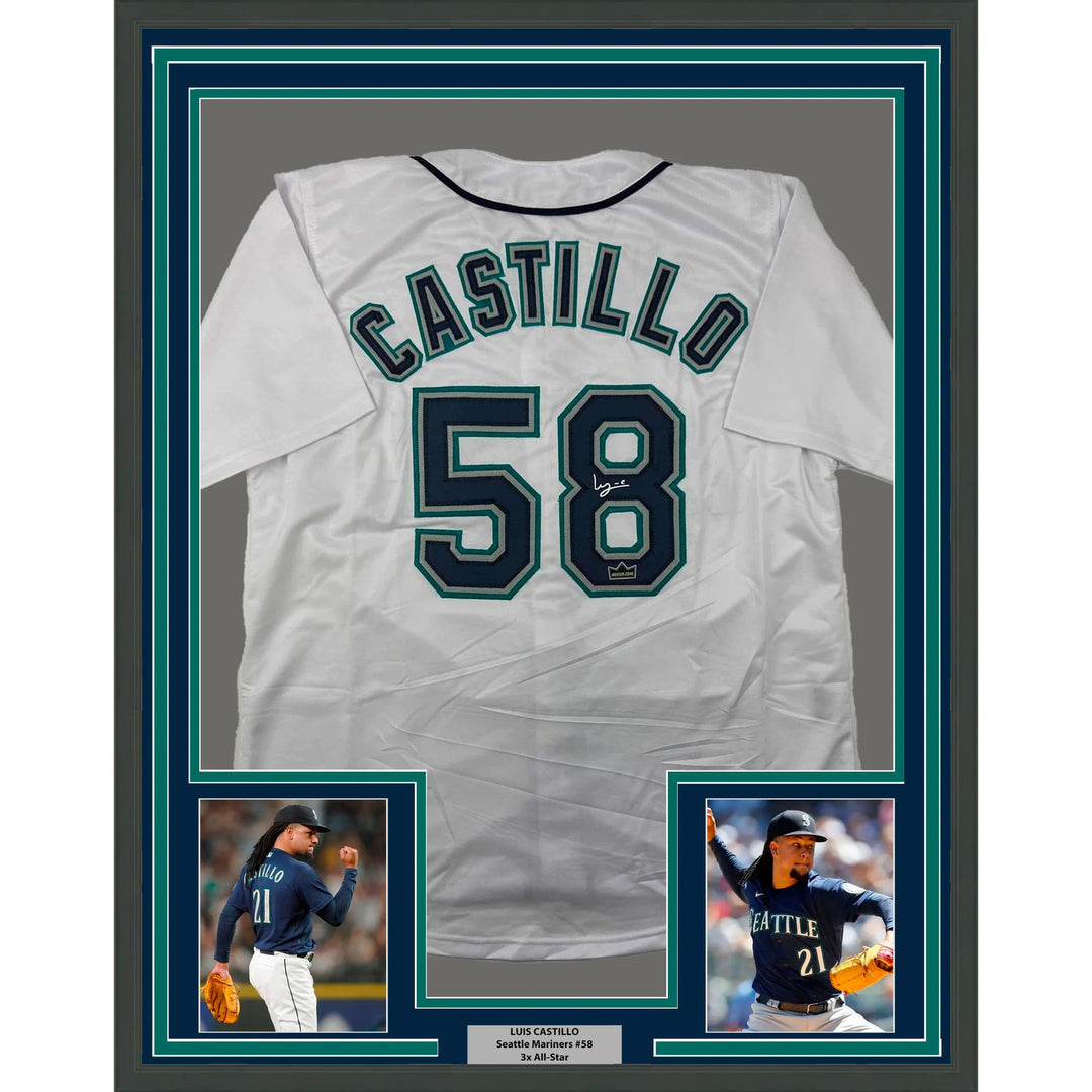 Framed Facsimile Autographed Luis Castillo 33x42 White Reprint Laser Auto Jersey