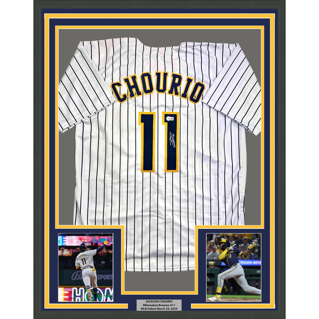 Framed Autographed/Signed Jackson Chourio 35x39 Milwaukee Pin Jersey COA