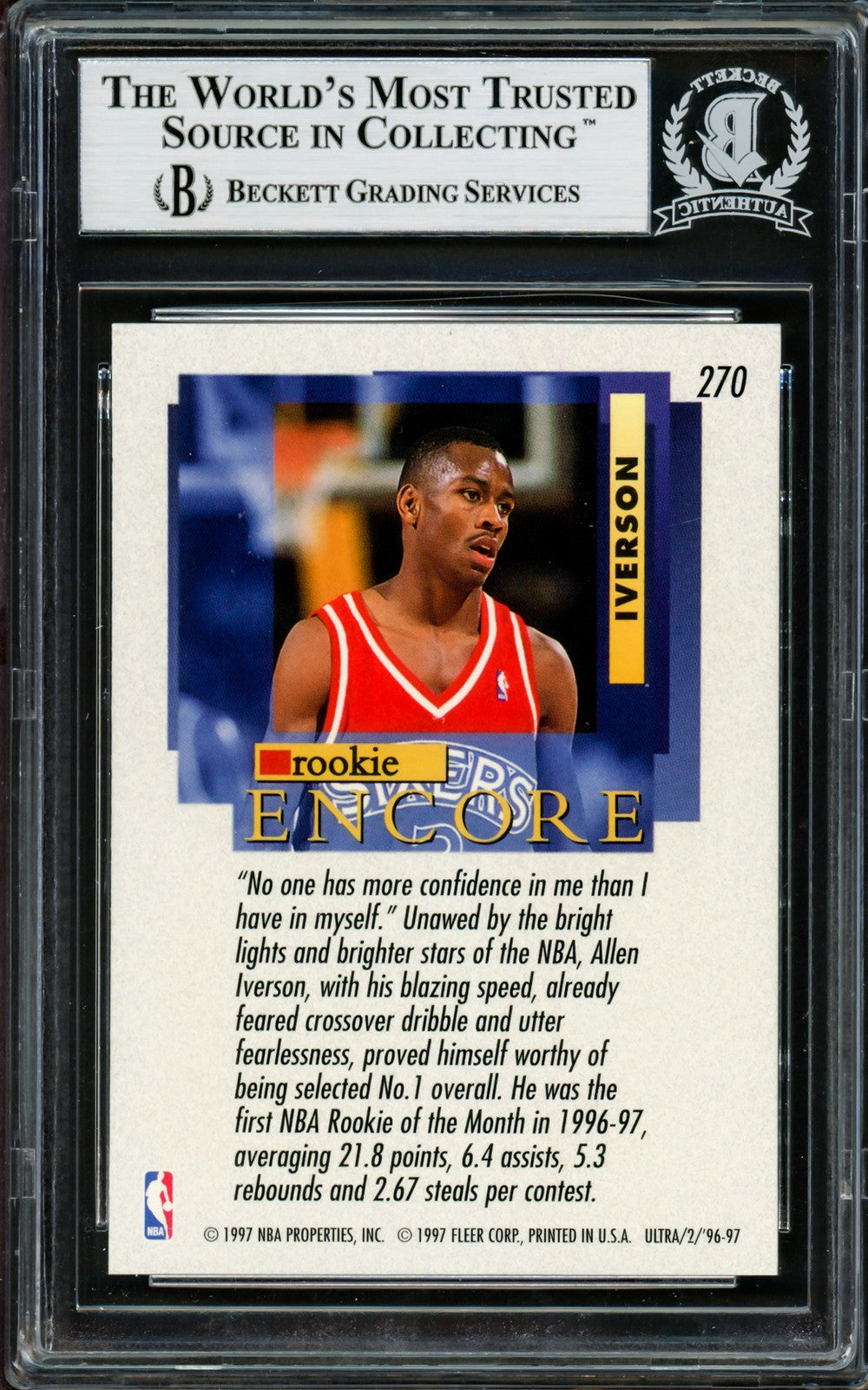 Allen Iverson Signed 1996-97 Fleer Ultra RC 270 76ers Beckett #14133871