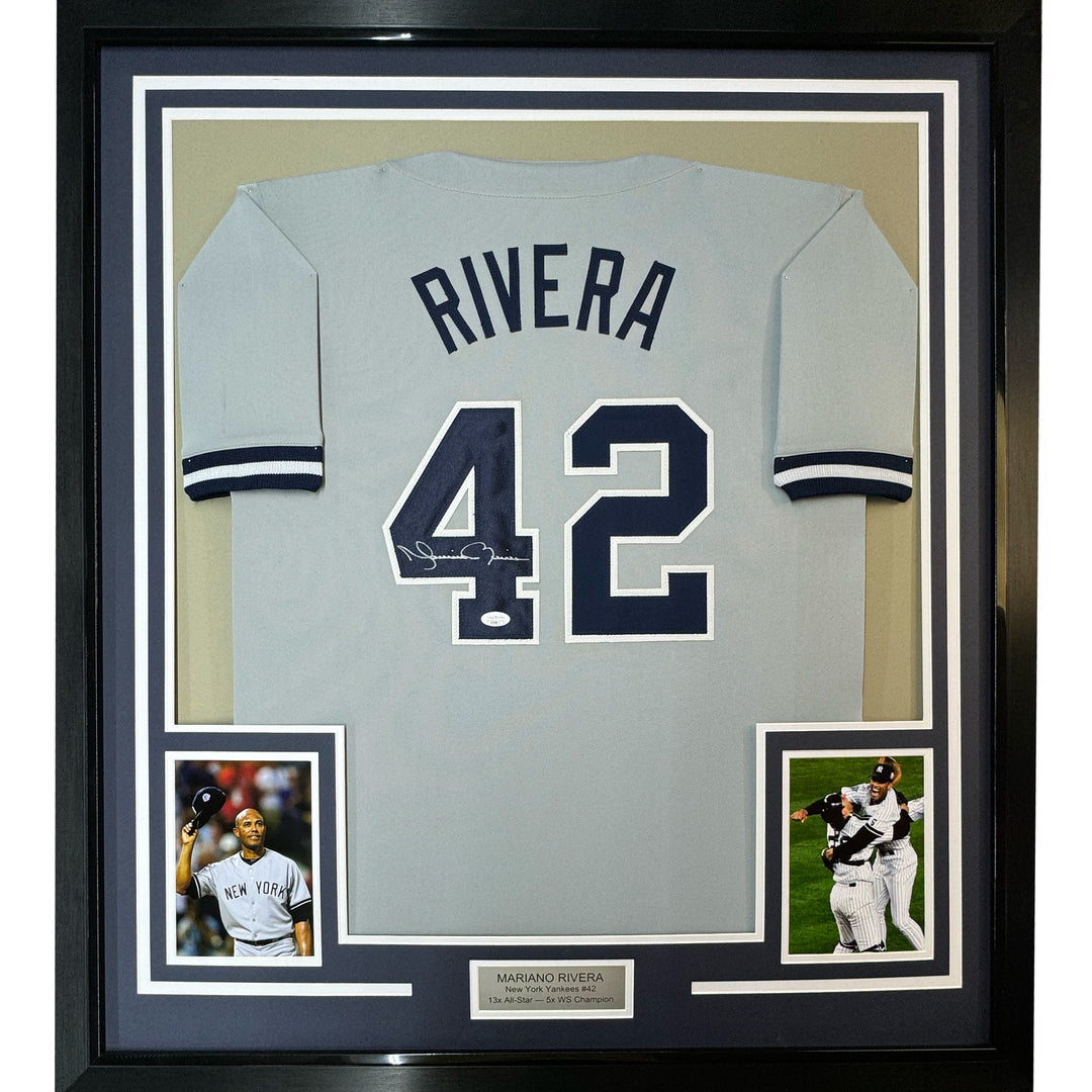Framed Autographed/Signed Mariano Rivera 33x42 New York Grey Jersey JSA COA/LOA