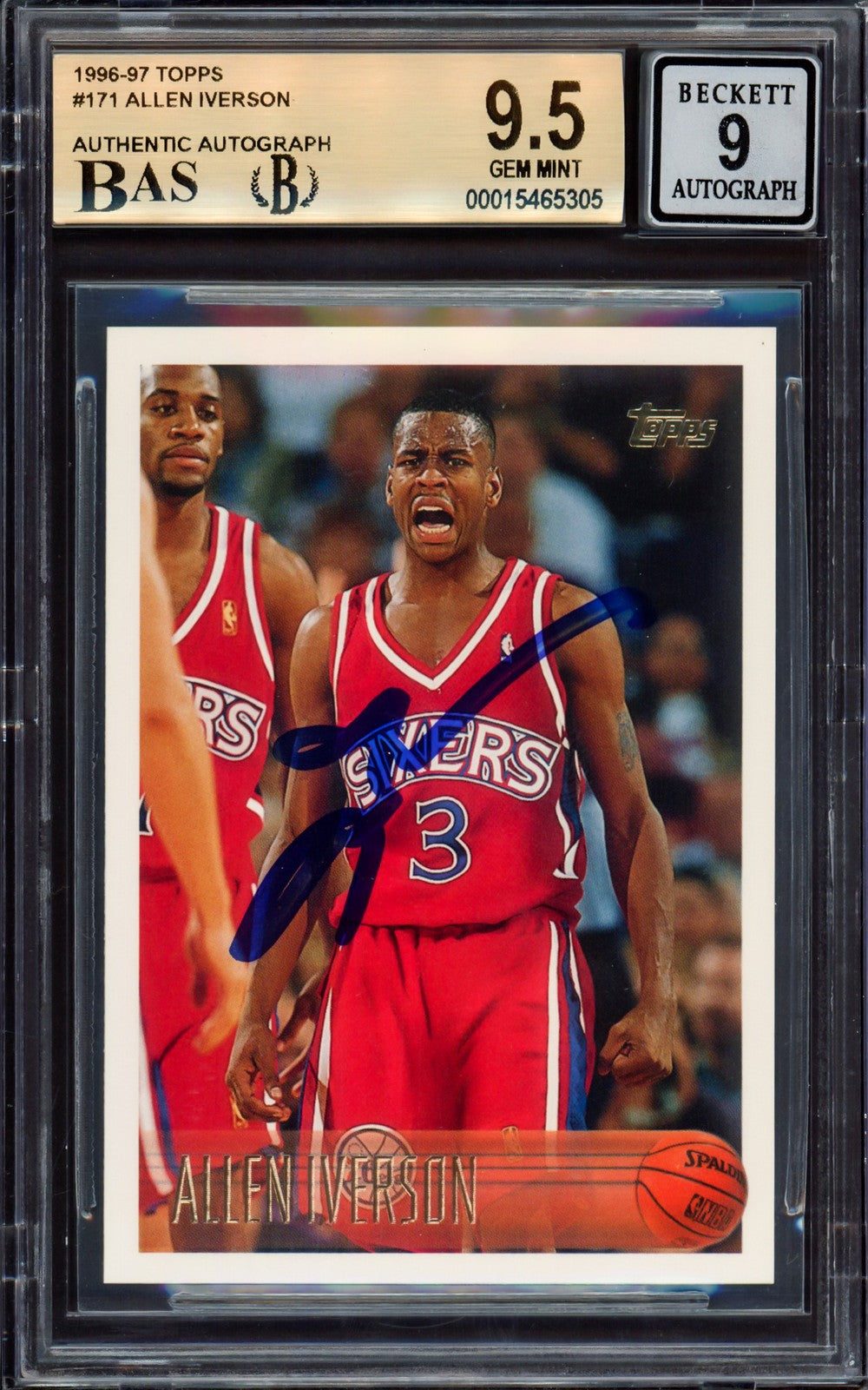 Allen Iverson Auto Signed 1996-97 Topps RC 171 76ers BGS 9.5 Auto Mint 9 Beckett