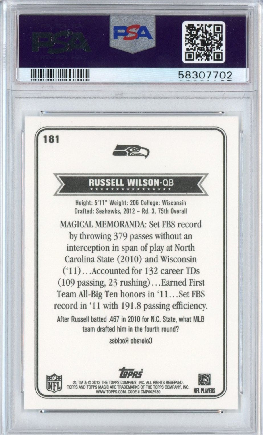 Graded 2012 Topps Magic Russell Wilson #181 Rookie RC Card PSA 10 Mint