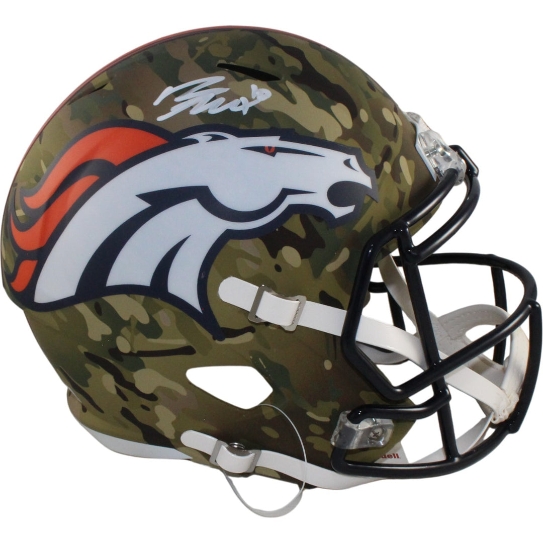 Bo Nix Autographed/Signed Denver Broncos F/S Camo Helmet Beckett Witness 55111