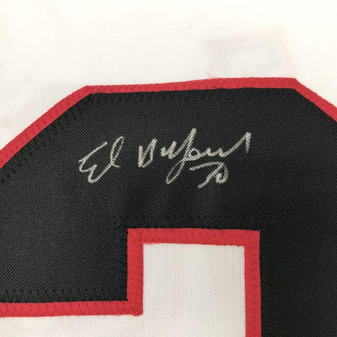 FRAMED Autographed/Signed ED BELFOUR 33x42 Chicago White Hockey Jersey JSA COA