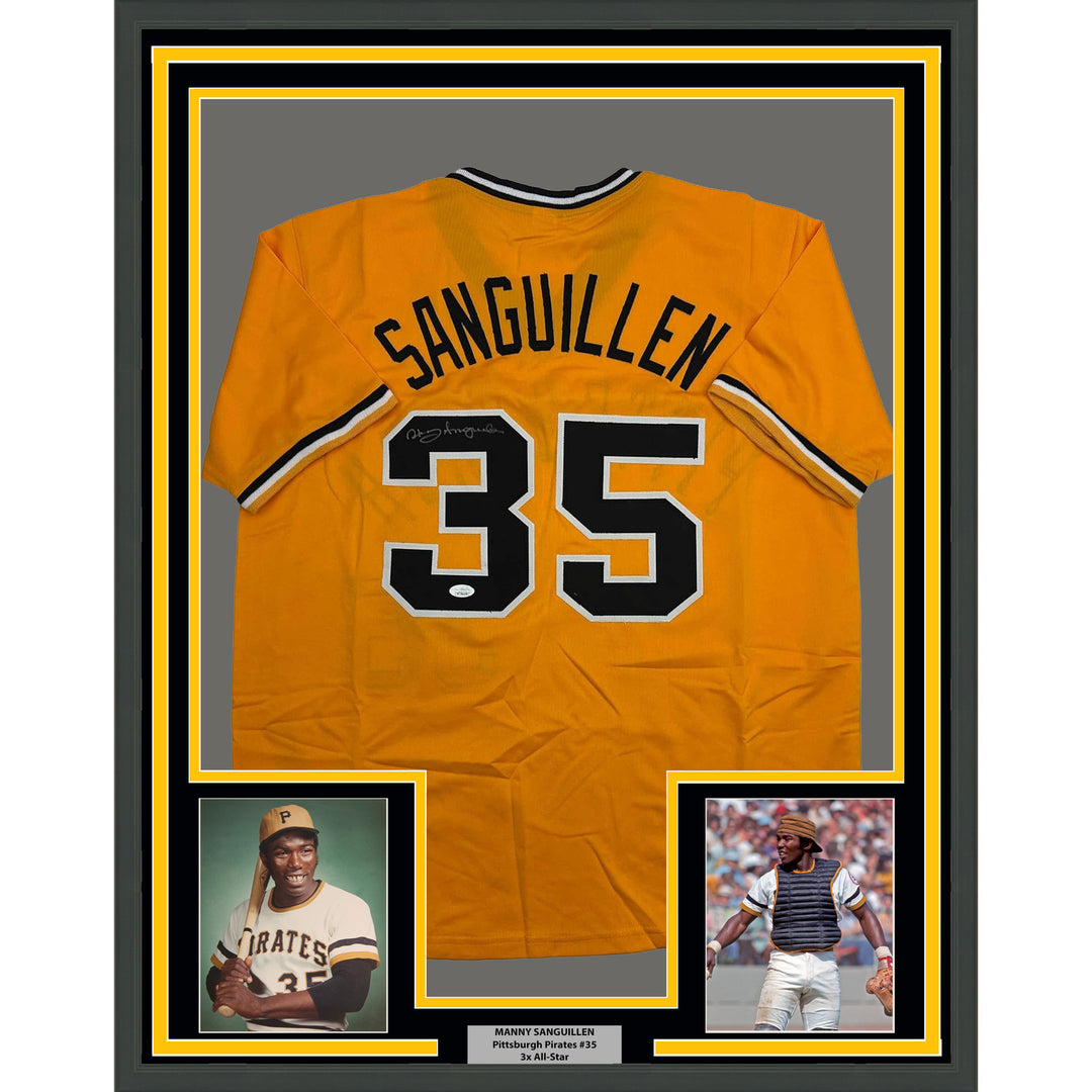 Framed Autographed/Signed Manny Sanguillen 35x39 Pittsburgh Jersey JSA COA