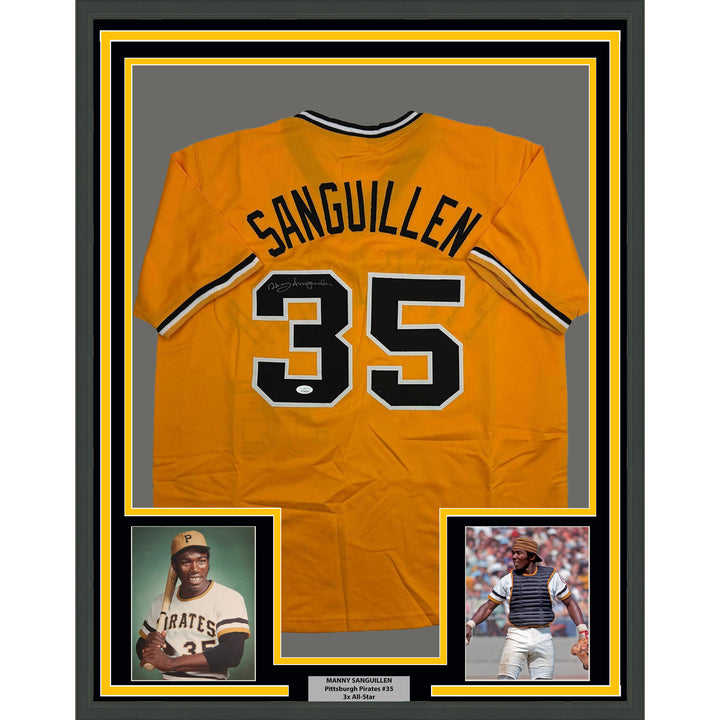 Framed Autographed/Signed Manny Sanguillen 35x39 Pittsburgh Jersey JSA COA