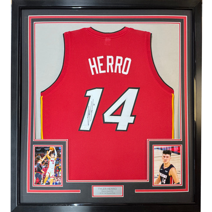 Framed Autographed/Signed Tyler Herro 33x42 Miami Red Basketball Jersey JSA COA
