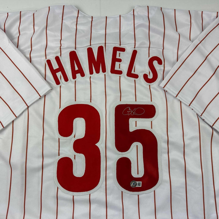 Autographed/Signed Cole Hamels Philadelphia Pinstripe Jersey Beckett COA