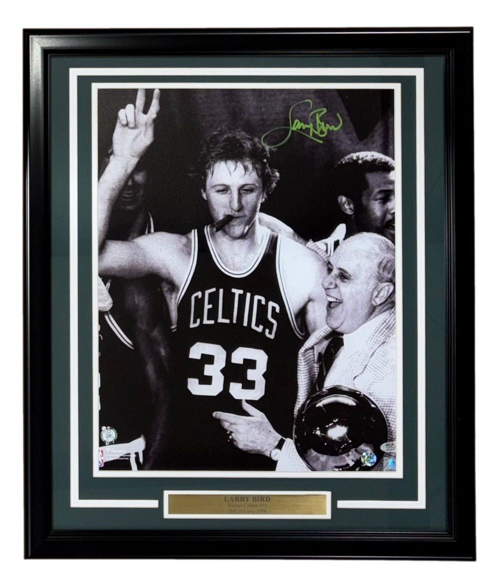 Larry Bird Signed Framed 16x20 Boston Celtics w/ Auerbach Photo 2 Bird+PSA/DNA