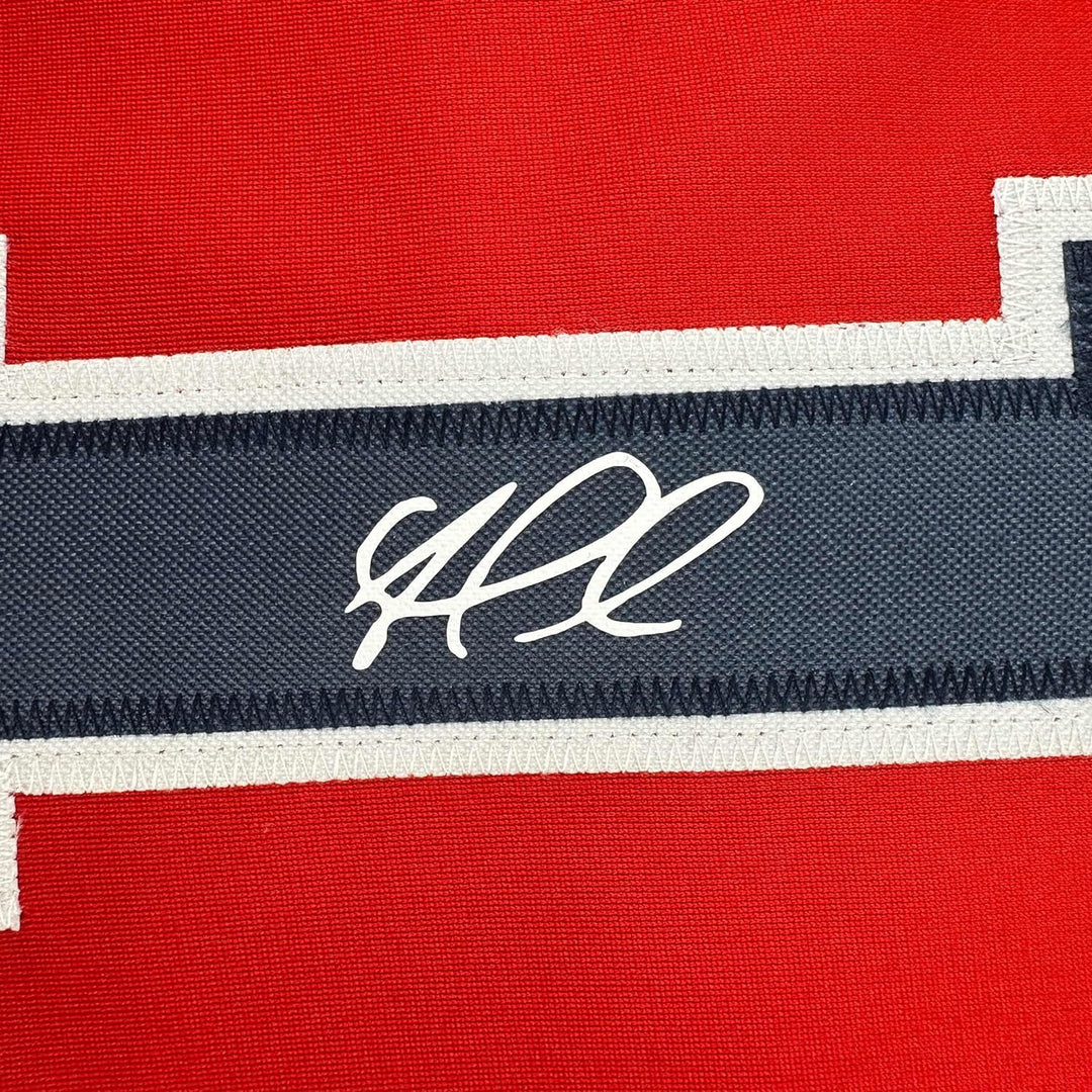 Framed Facsimile Autographed Ozzie Albies 33x42 Red Reprint Laser Auto Jersey