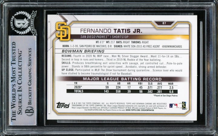 Fernando Tatis Jr. Signed 2021 Bowman Card #87 San Diego Padres Beckett