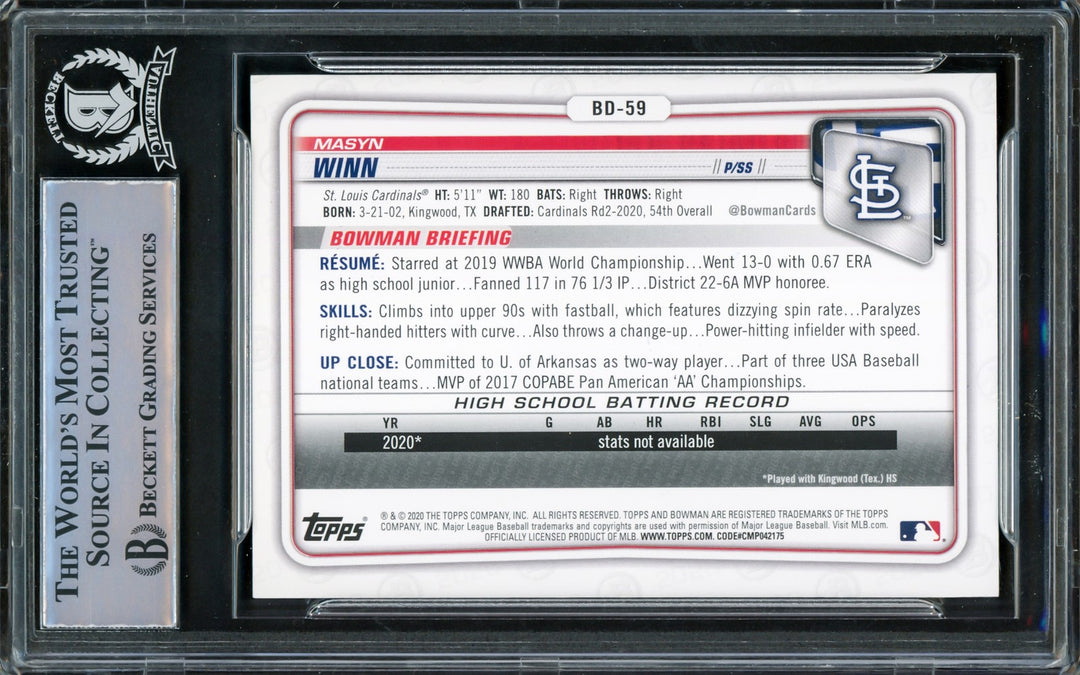 Masyn Winn Auto 2020 Bowman Draft RC BD-59 St. Louis Cardinals Full Name Beckett