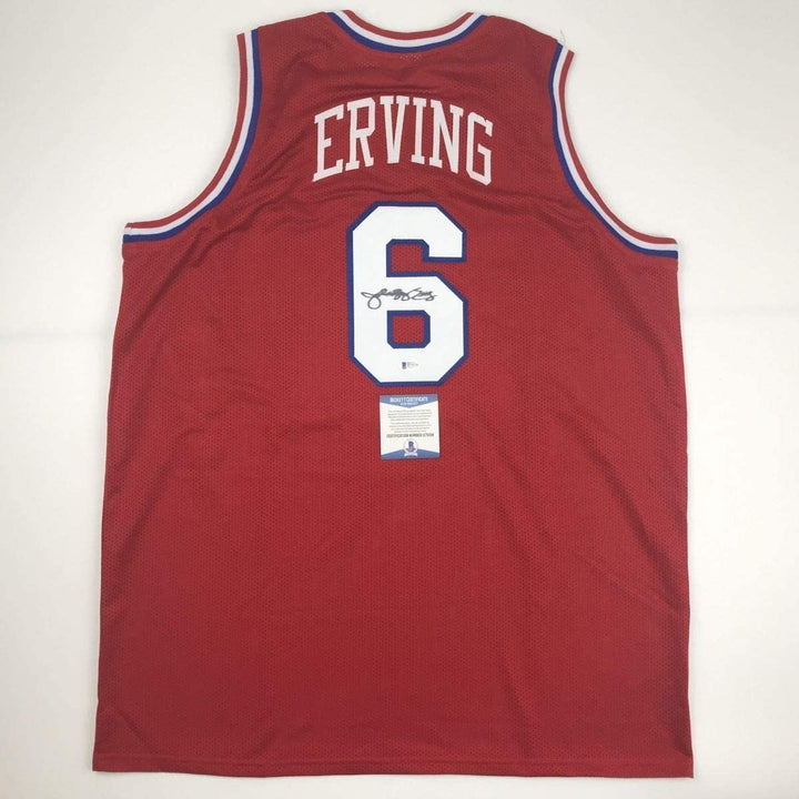 Autographed/Signed Julius Erving Dr. J Philadelphia Red Jersey Beckett COA
