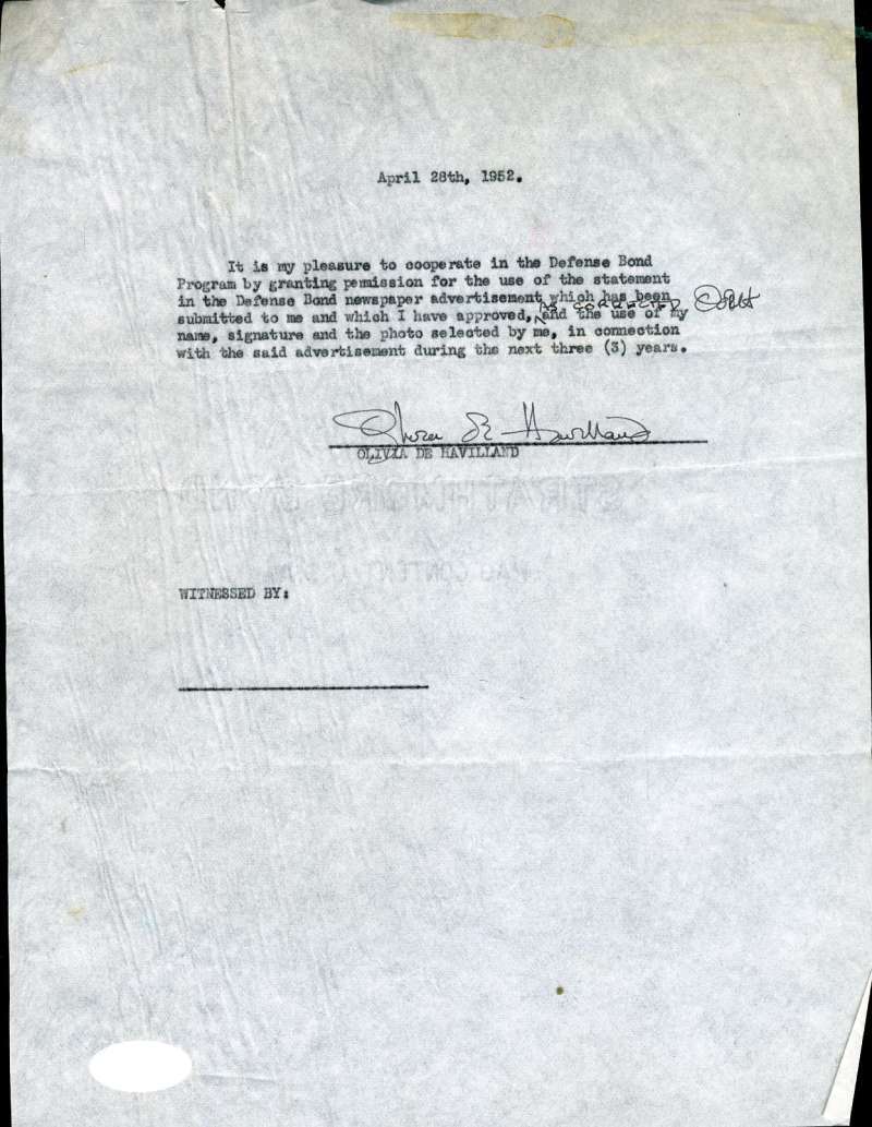 Olivia De Havilland Jsa Cert Hand Signed 1952 Contract Authentic Autograph