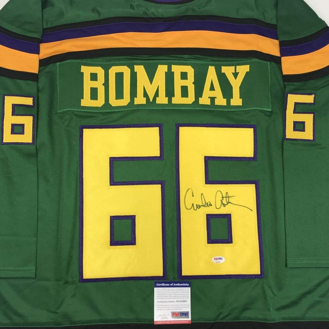 Autographed/Signed Emilio Estevez Gordon Bombay Green Jersey PSA/DNA COA