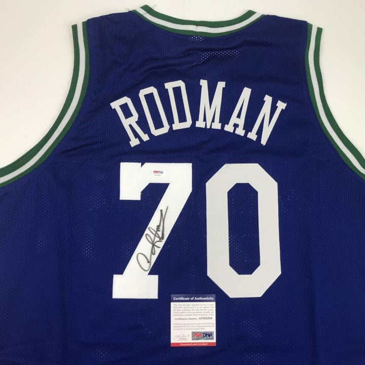 Autographed/Signed DENNIS RODMAN Dallas Blue Jersey PSA/DNA COA Auto