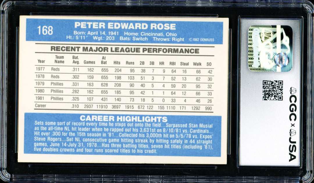 Pete Rose Autographed Signed 1982 Donruss Card 168 Phillies Auto GM 10 CGC x JSA
