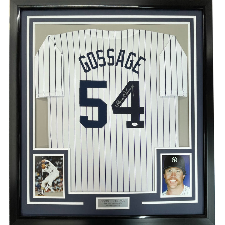 Framed Autographed/Signed Goose Gossage 33x42 New York Pinstripe Jersey JSA COA