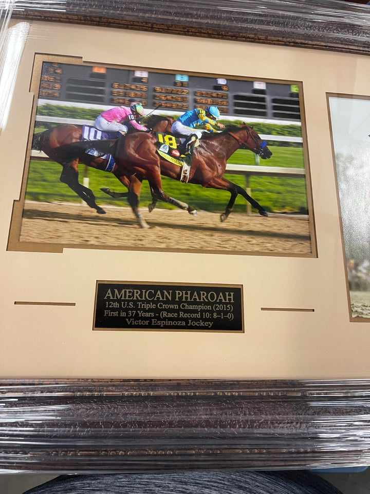 American Pharoah Victor Espinoza 3 Photo Leather Framed 41x19- TRIPLE CROWN