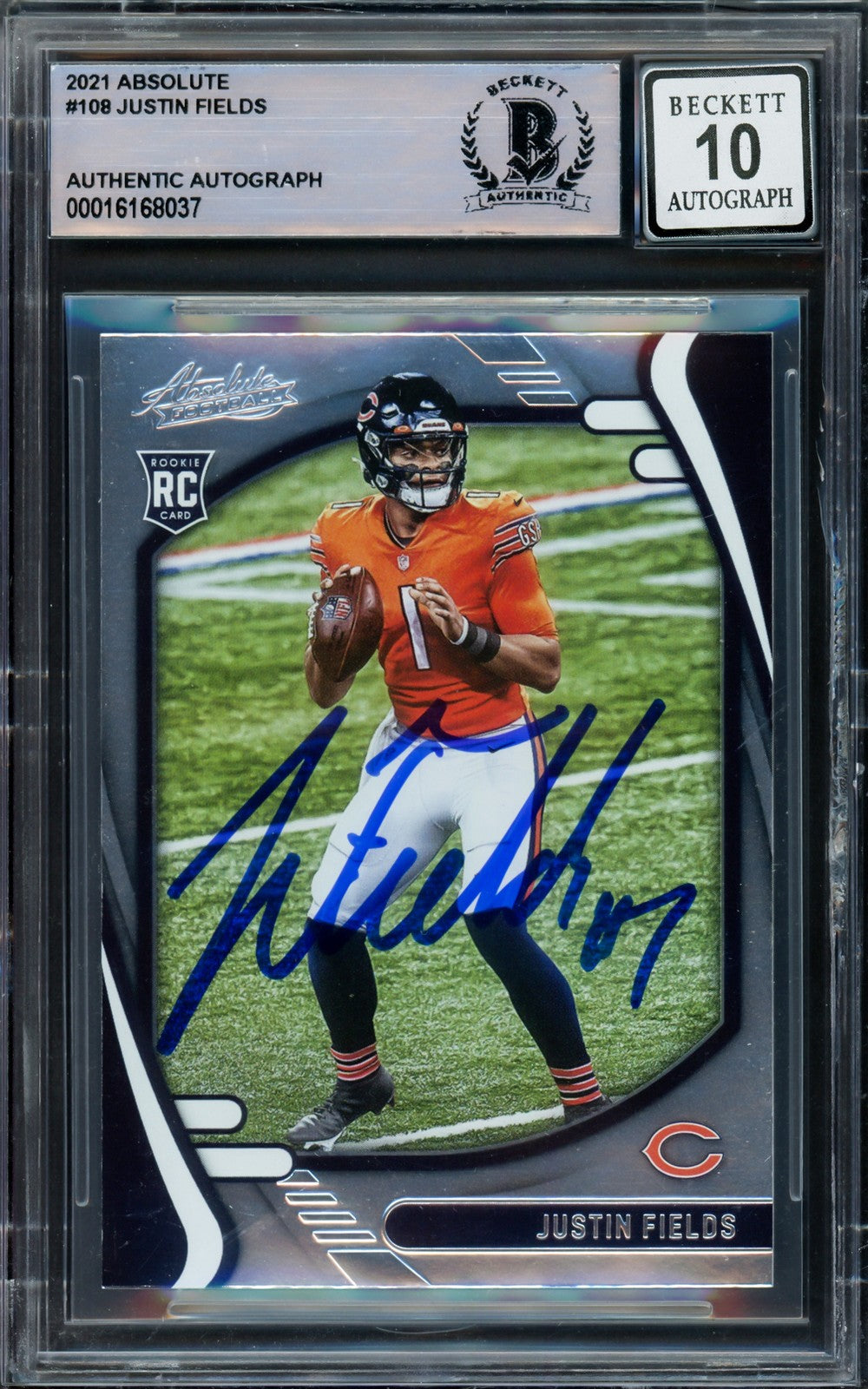 Justin Fields Auto 2021 Panini Absolute Football RC 108 Bears Auto GM 10 Beckett